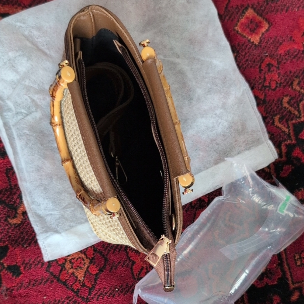 New Without Tags Woven Handbag with Bamboo Handle - Picture 3 of 6
